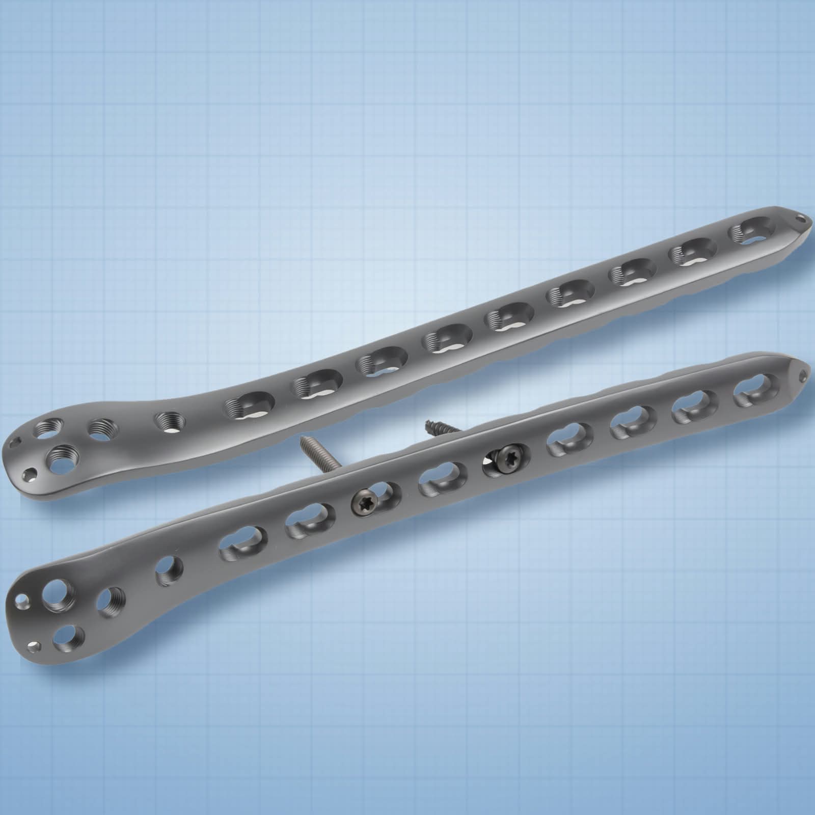 Proximal Femur Plate: orthopaedic implant on a light-blue graph-paper background