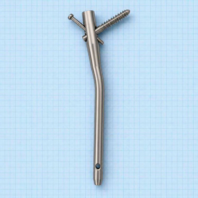 Proximal Femur Nail (PFN): orthopaedic implant on a light-blue graph-paper background