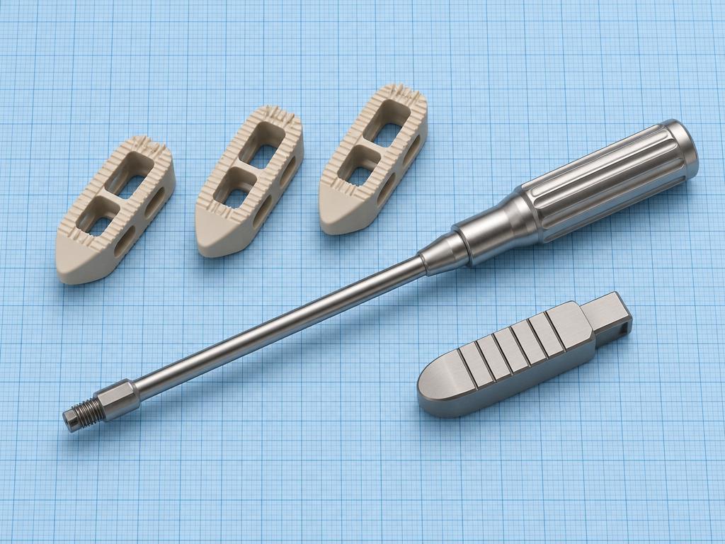 PLIF Cage with Accompanying Instrumentation: orthopaedic implant on a light-blue graph-paper background