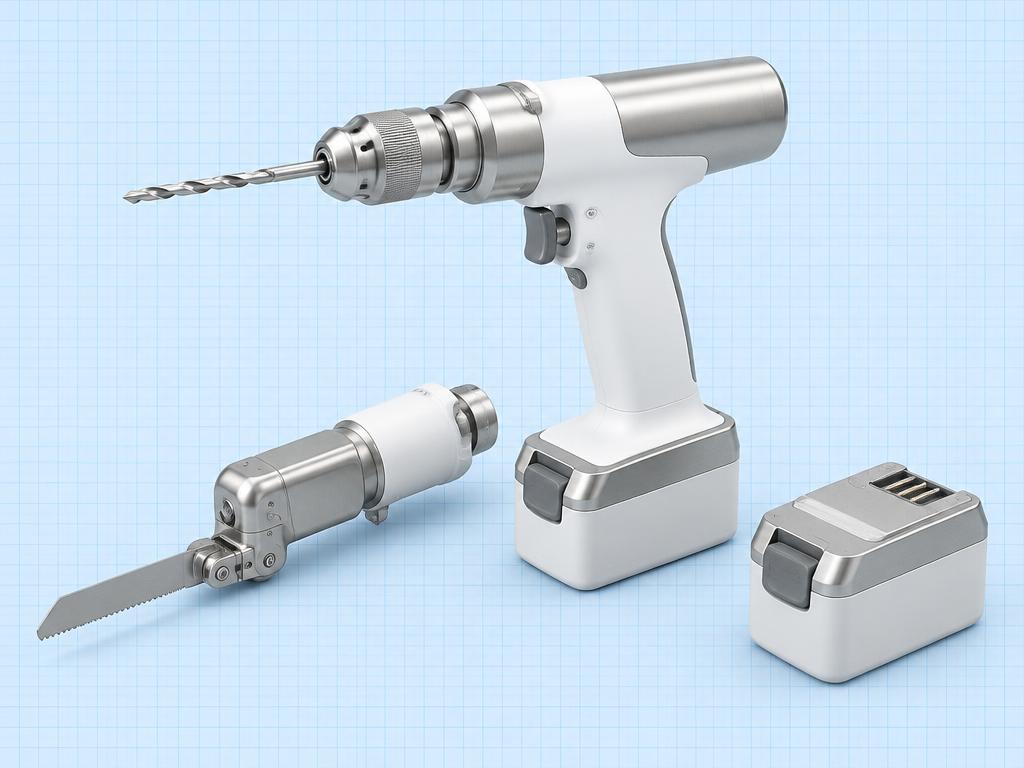 Cordless surgical power drill, oscillating saw attachment and battery pack