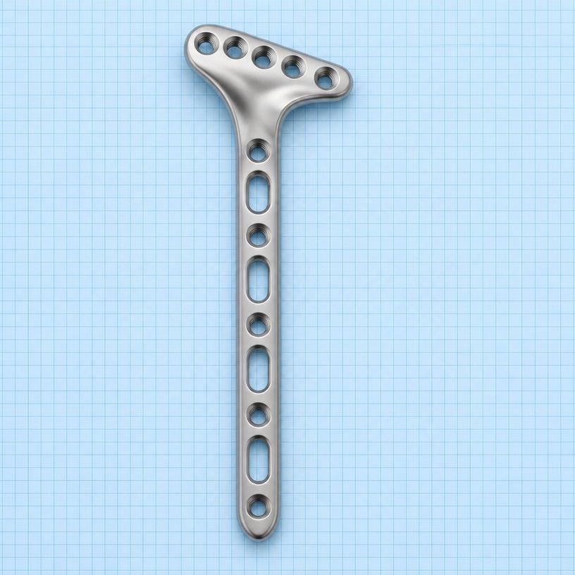 Proximal Tibia Plate: orthopaedic implant on a light-blue graph-paper background